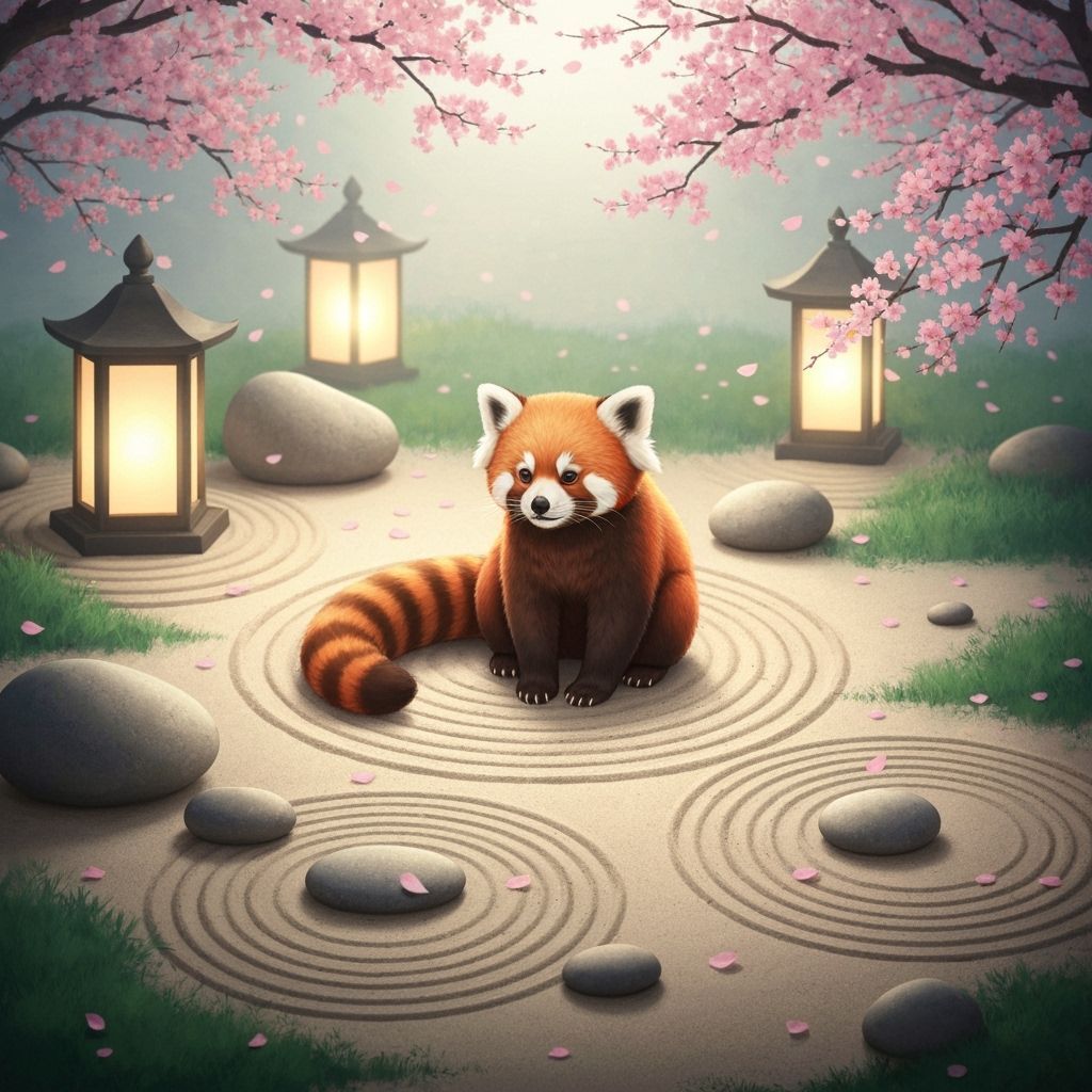 Red Panda in Tranquil Zen Garden with Cherry Blossoms