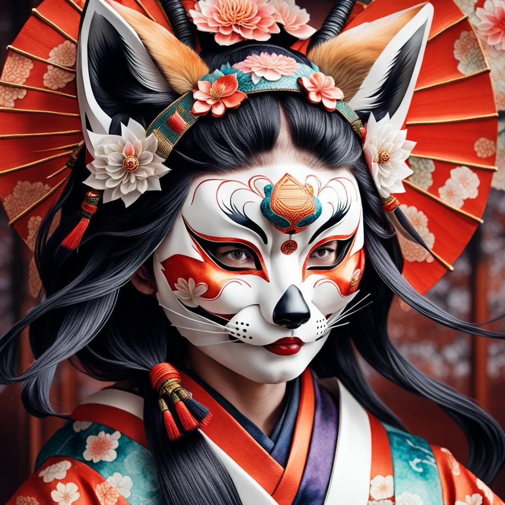 Geisha with Kitsune Mask in Watercolor Style