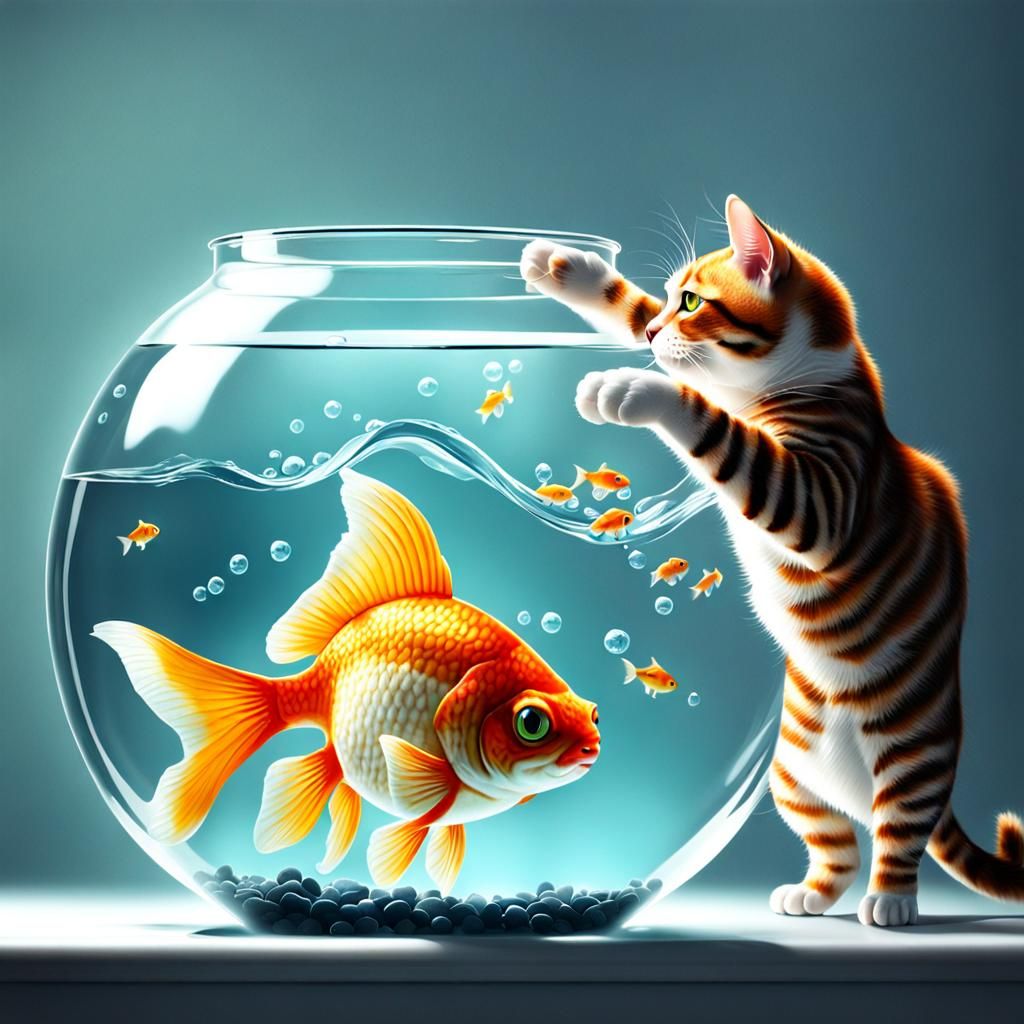 Naughty Cat and Goldfish in Realistic Detail