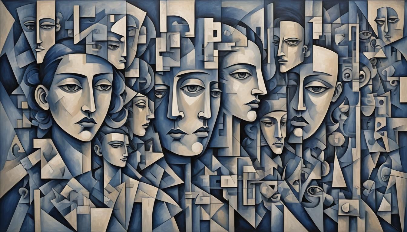 Cubist Depression: Fragmented Figures in Indigo and Grey