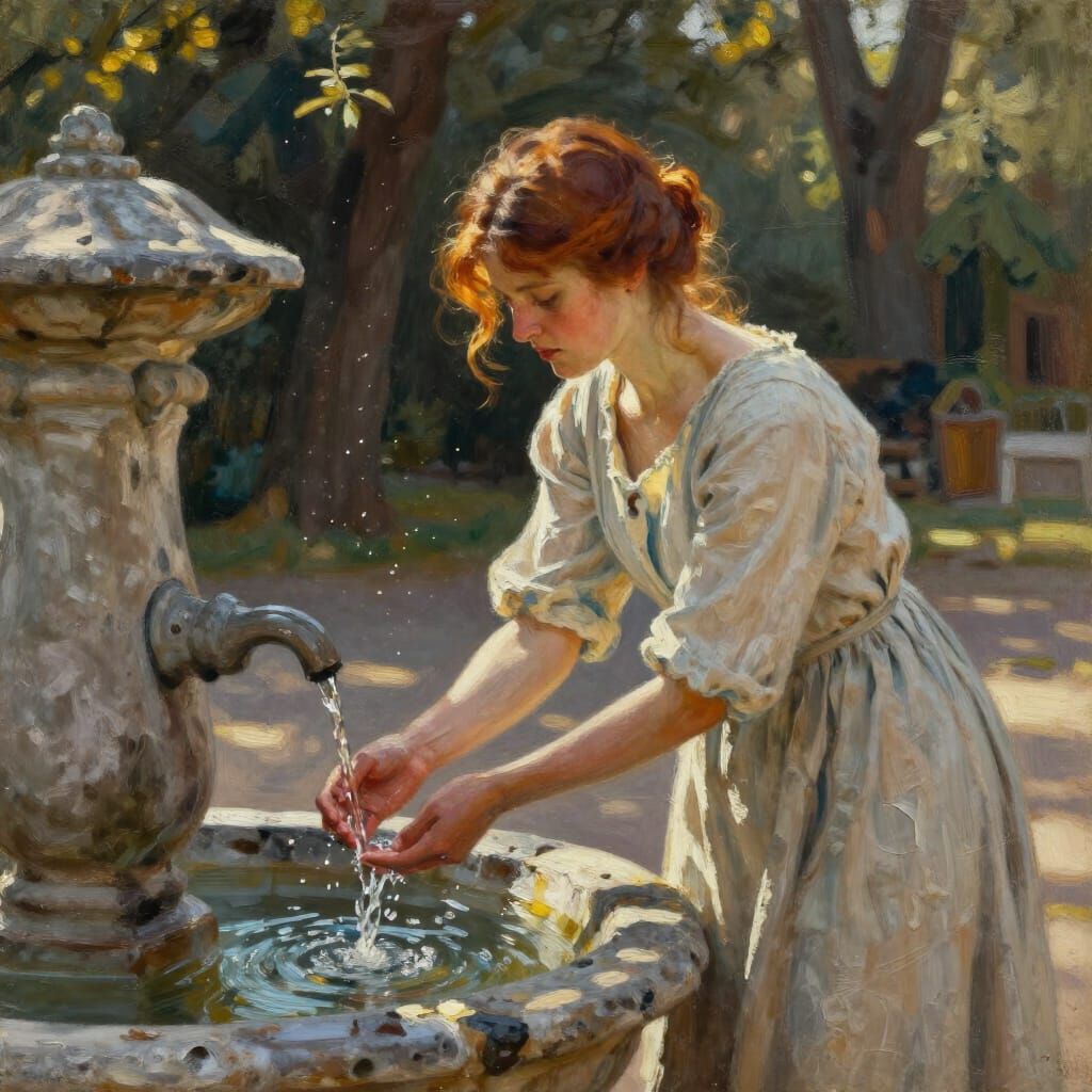 Historical Woman Collecting Water in Sunlit Courtyard