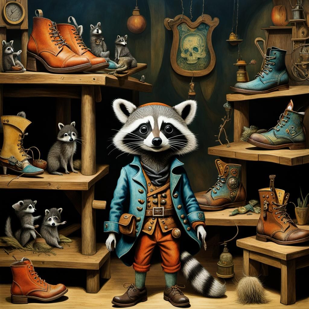 Pirate Raccoon at Shoe Factory, Surreal Ink Art