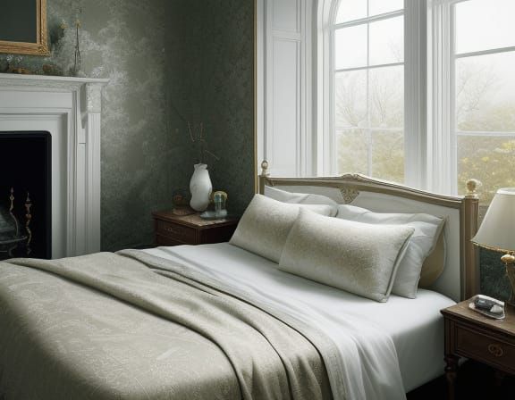 Luxury Winter Wonderland Bedroom in Soft Golden Light