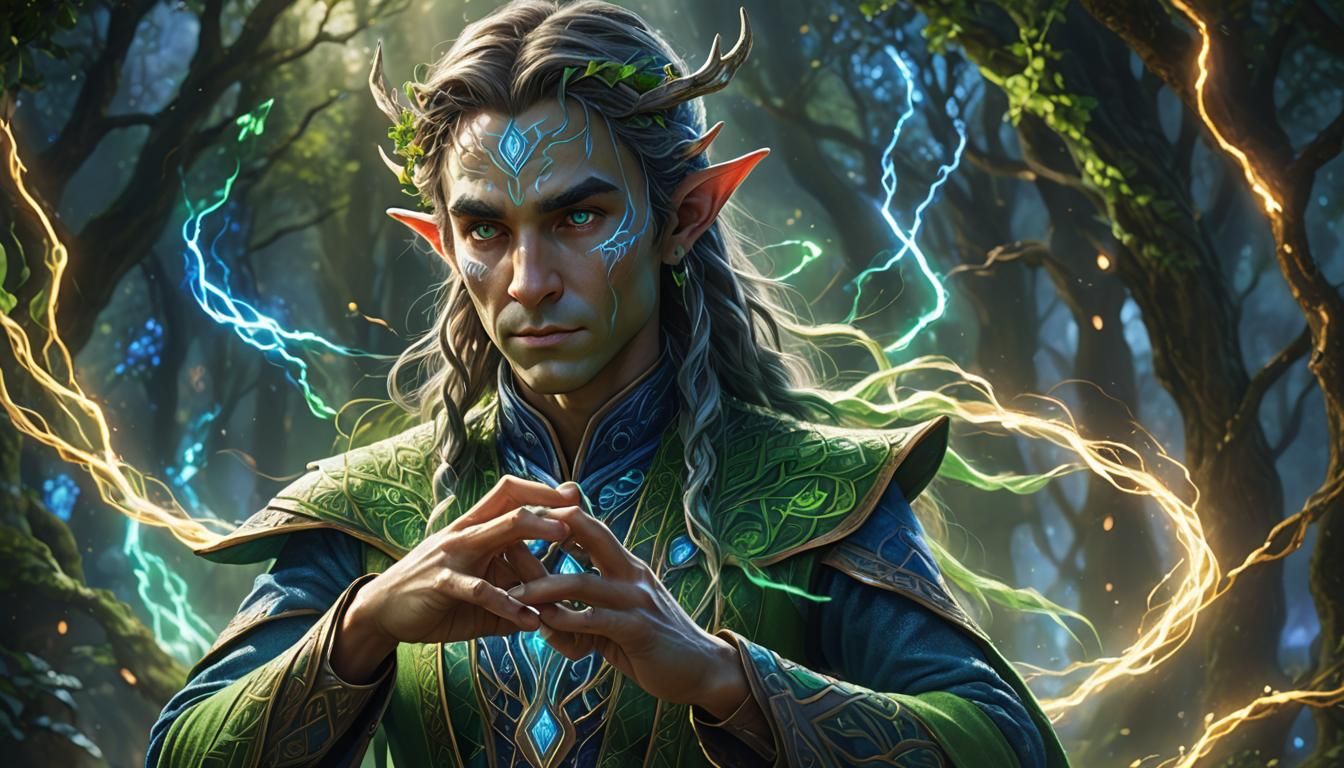 Elf Casting Magic with Green and Blue Lightning