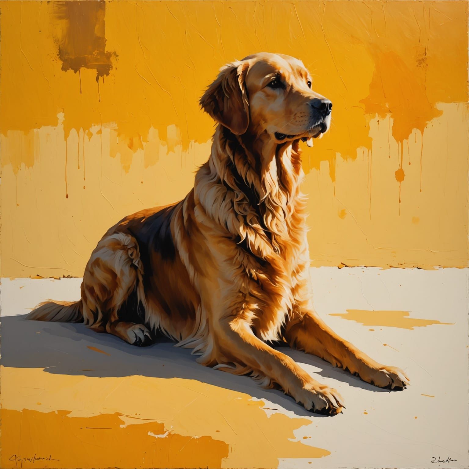 Golden Retriever Silhouette in Minimalist Yellow Oil Paintin...