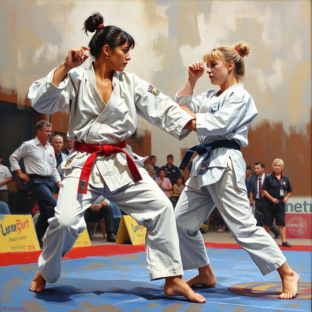 Energetic Karate Fight: Oil Painting