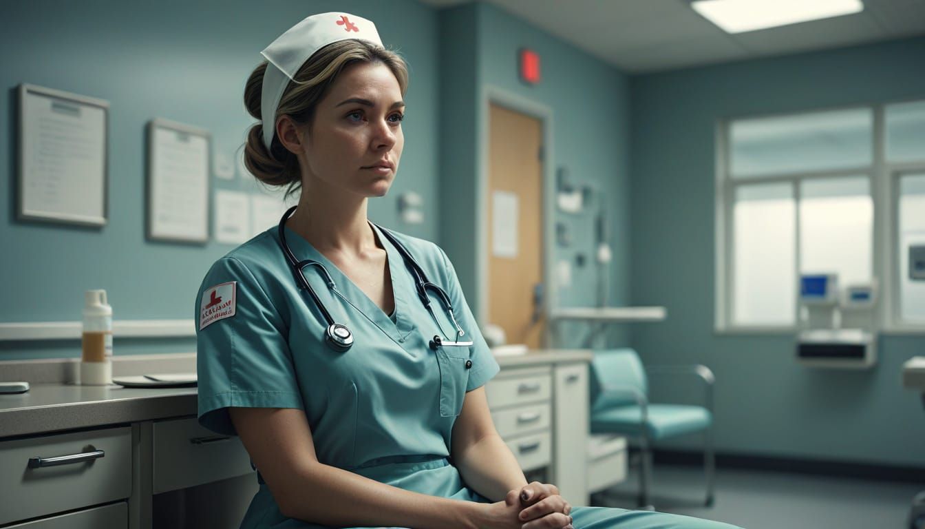 Tired Nurse Waiting at Station in Gentle Hospital Lighting