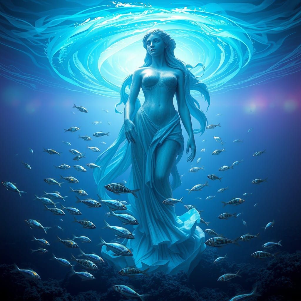 Serenely Standing Oceanic Goddess Illuminated by Ethereal Bl...