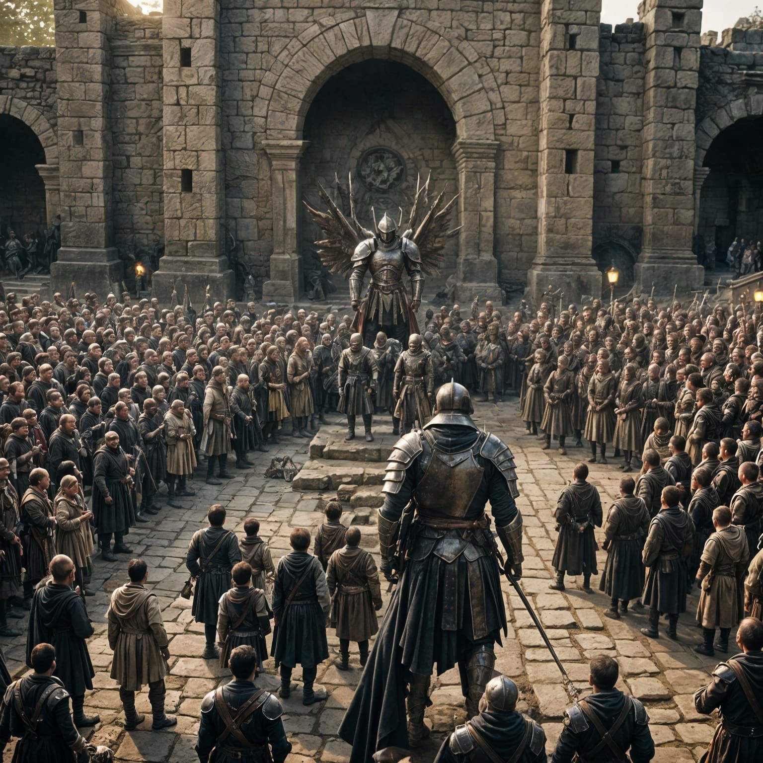 Ancient Leader in Armor with Kneeling Army