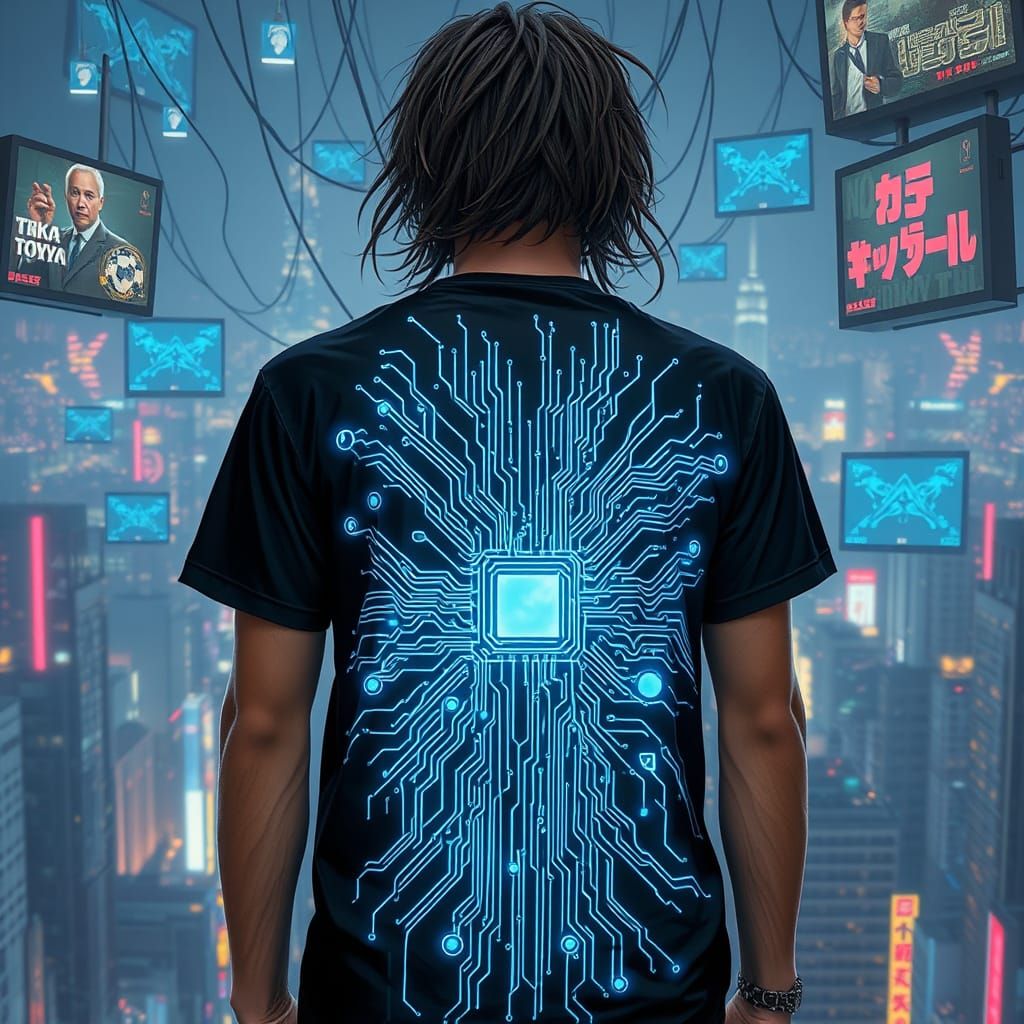 Cyberpunk T-Shirt Design with Neo-Tokyo Cityscape