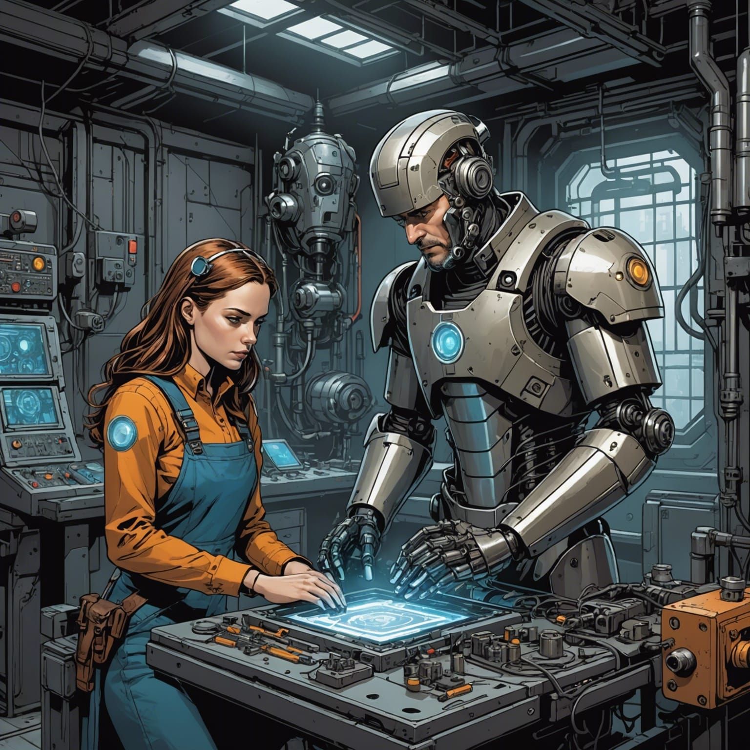 Mechanist Building Android Daughter: Comic Book Art