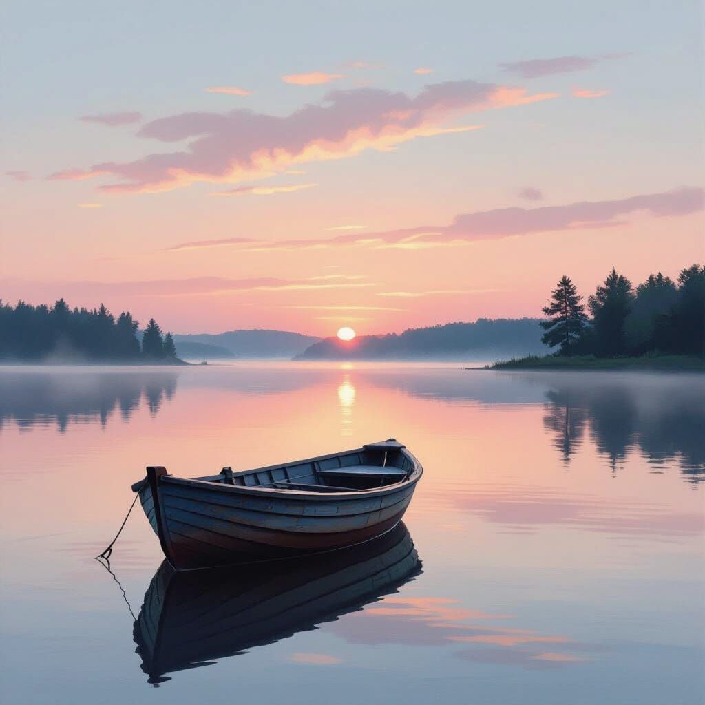 Peaceful Rowboat on Mirror Lake at Sunset