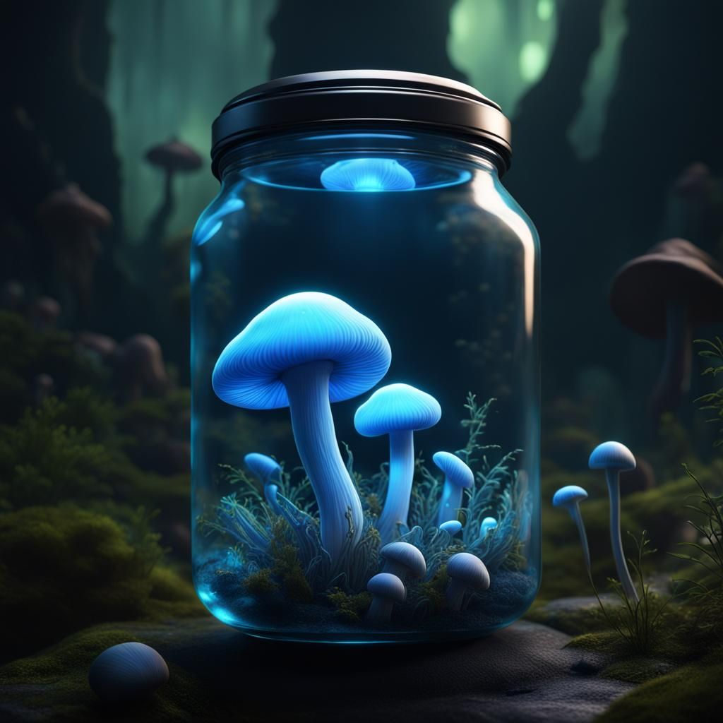 Bioluminescent Mushroom in Jar: Fantasy Concept Art