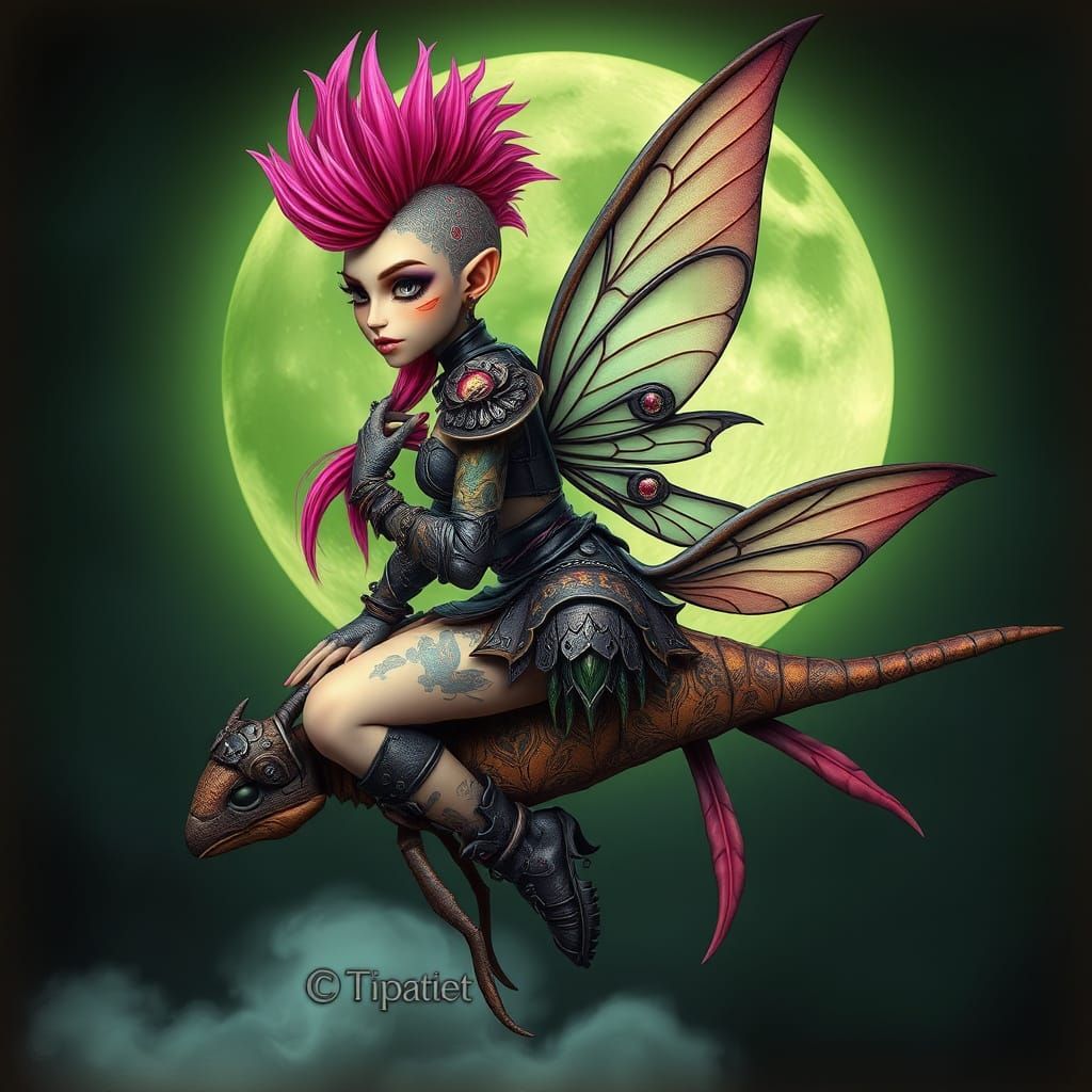 Fairy with Pink Mohawk Riding Dragonfly