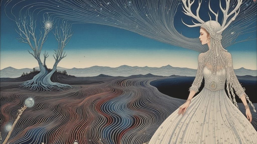 Ethereal Op-Art Nomad in Desert Glitch Horizon