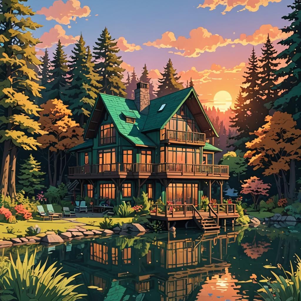 Dada Sunset Lake House in Cel-Shaded Style
