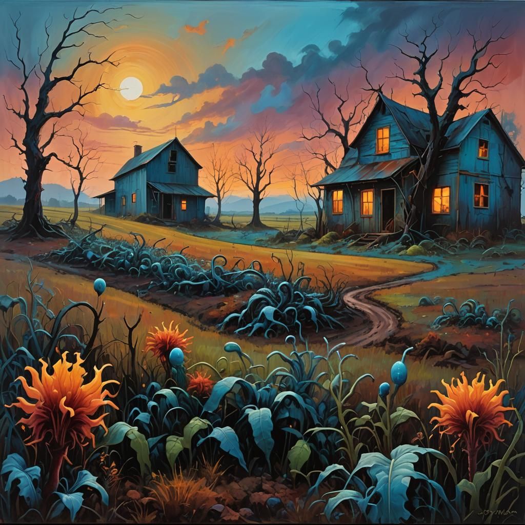 Eerie Farm with Glowing Slug Wraiths in Fauvist Style