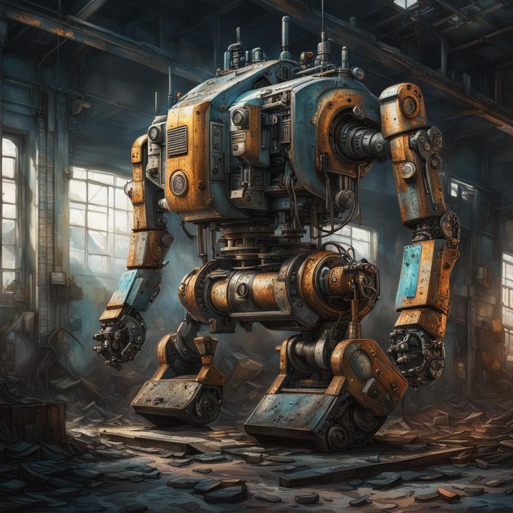 Retro Robot in Abandoned Factory with Steampunk Engine