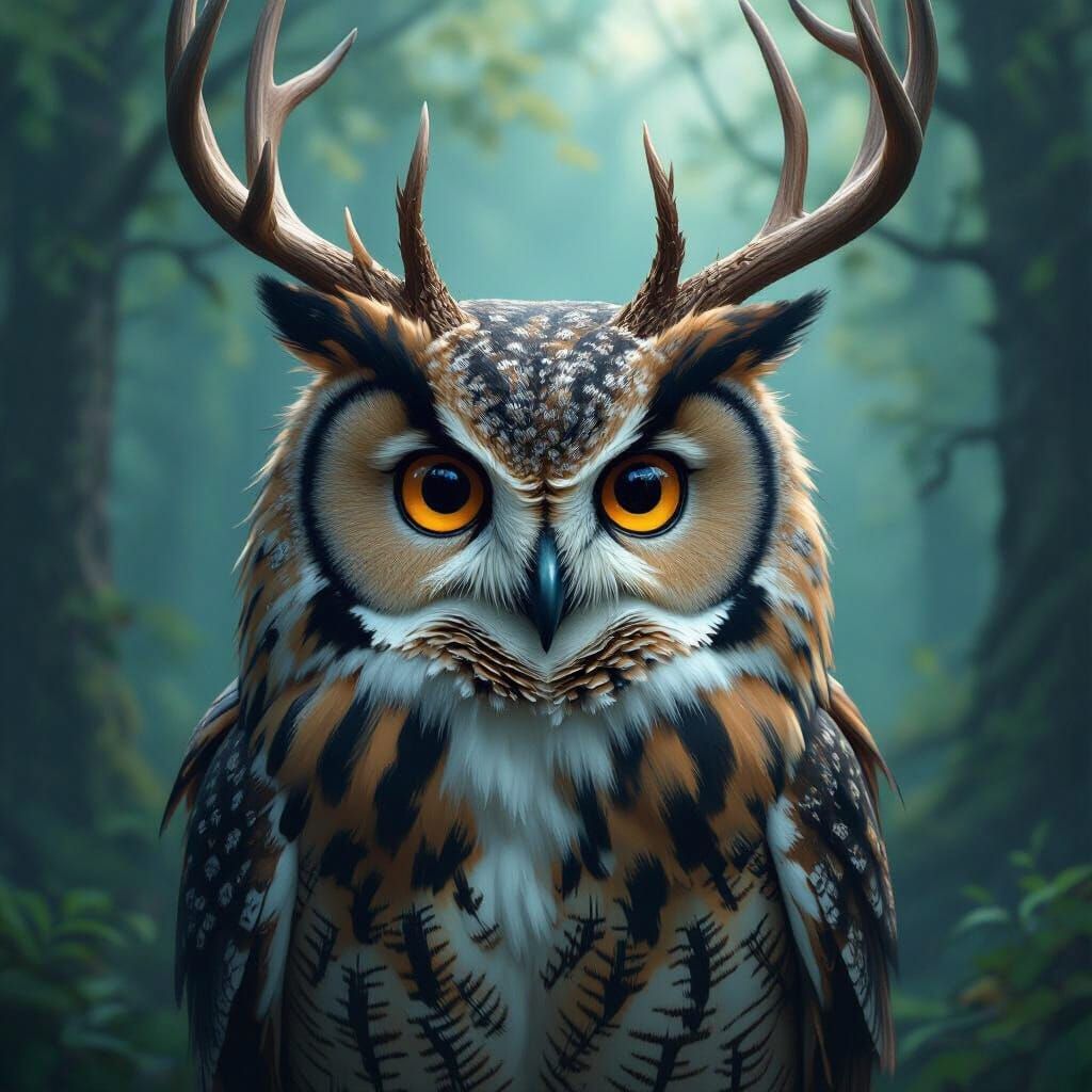 Majestic Deer-Owl Hybrid in Mystical Forest