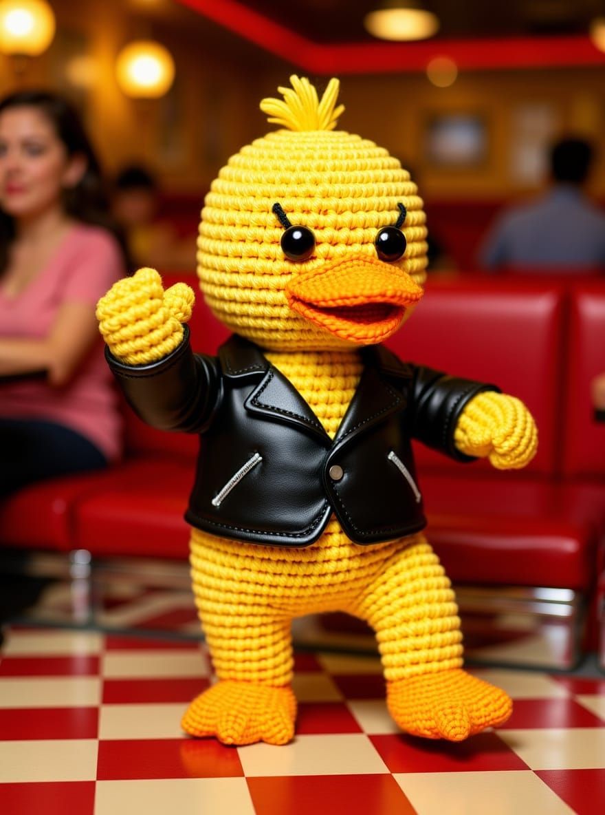 Dancing Duckling Amigurumi in 1950s Diner