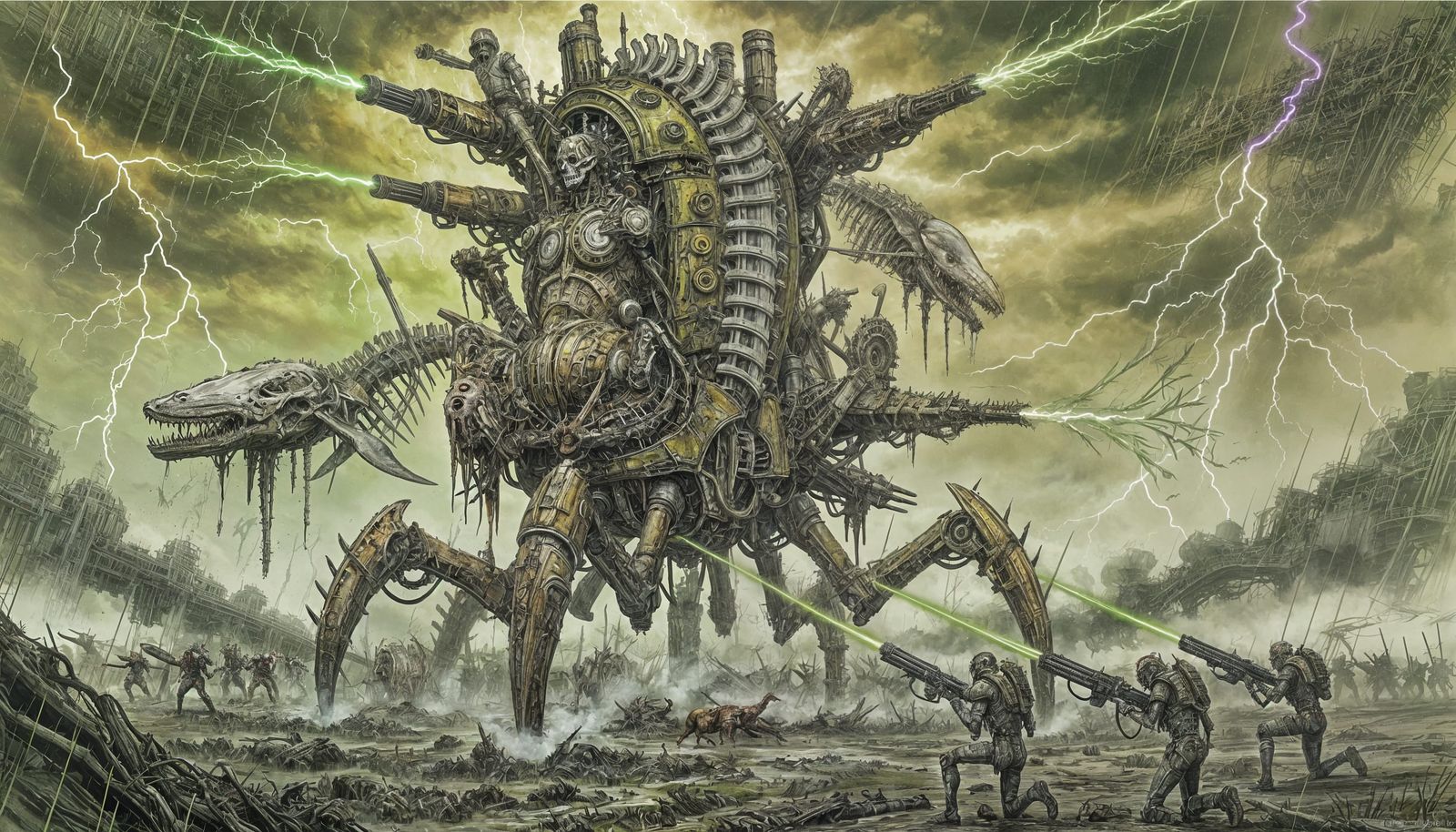 Biomechanical Tower Attacks Battlefield in Watercolor Style