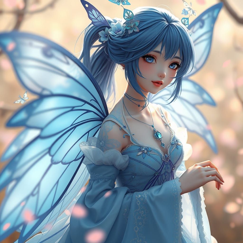 Goddess in Serene Nature, Dressed in Exquisite Blue Gown wit...