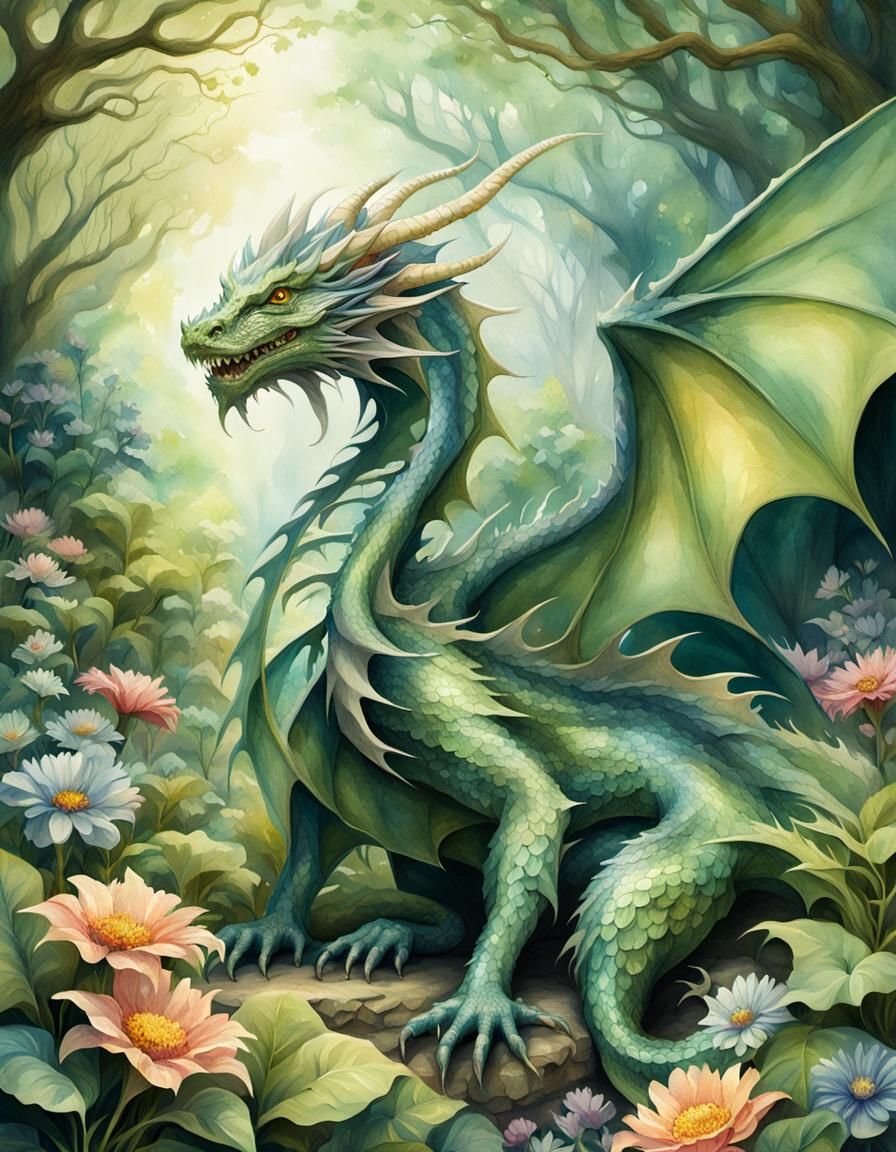 Lush Forest Dragon in Ethereal Watercolor Style