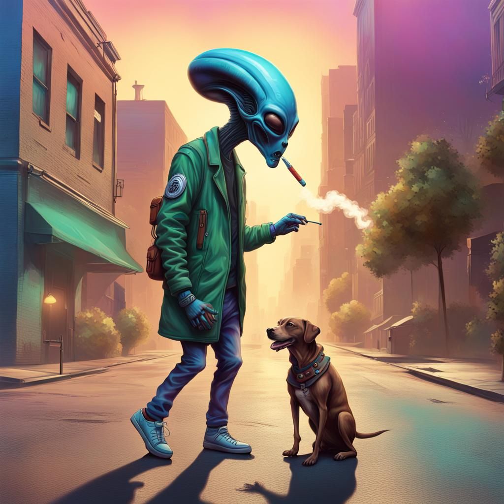 Alien Walks Dog: Hyperrealistic Splash Art