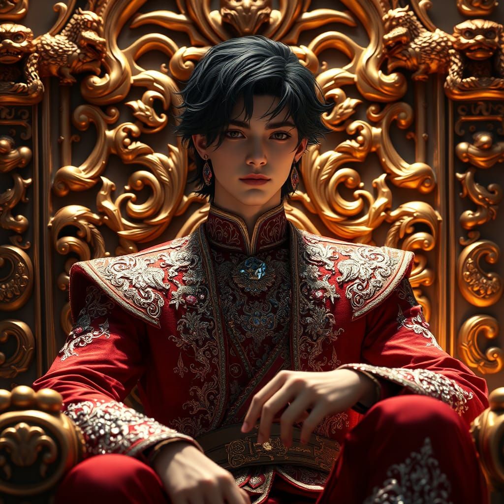 Dark-Haired Prince on Gemstone Throne in Anime Style