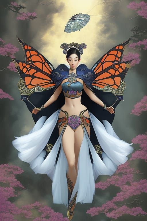 Geisha Butterfly Emergence: Calligraphy Ink Painting