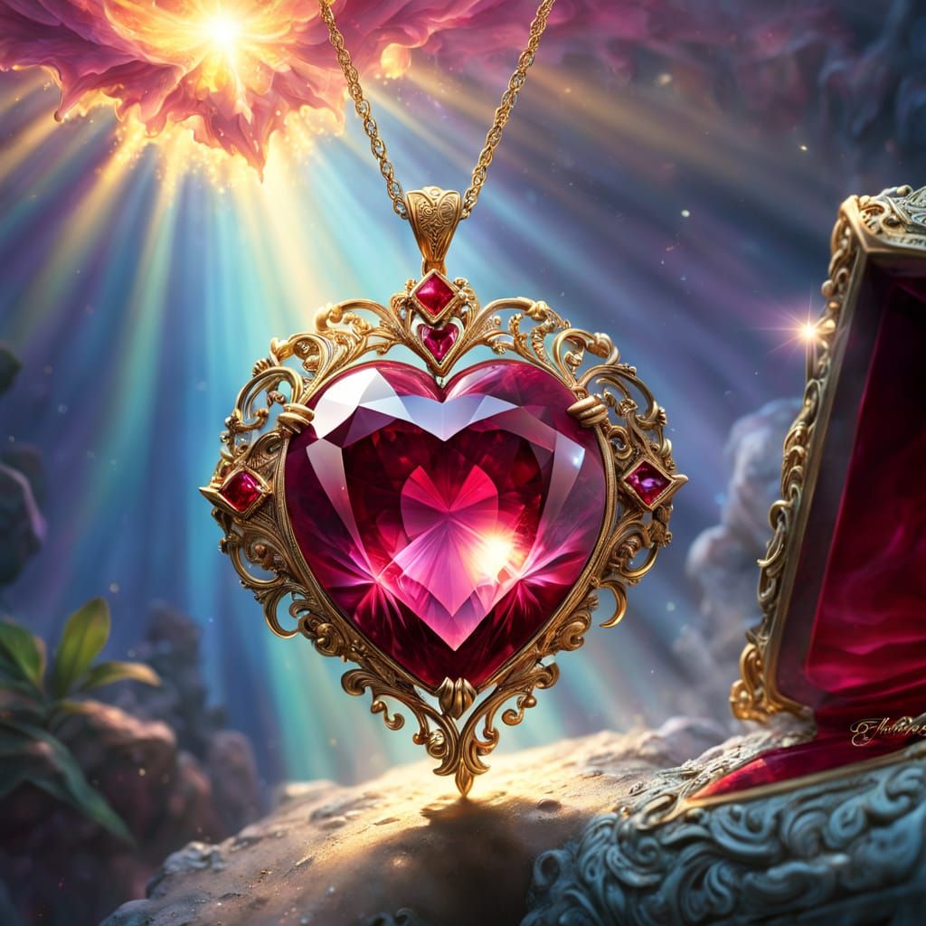 Surreal Ruby Heart Pendant Shines in Heavenly Light