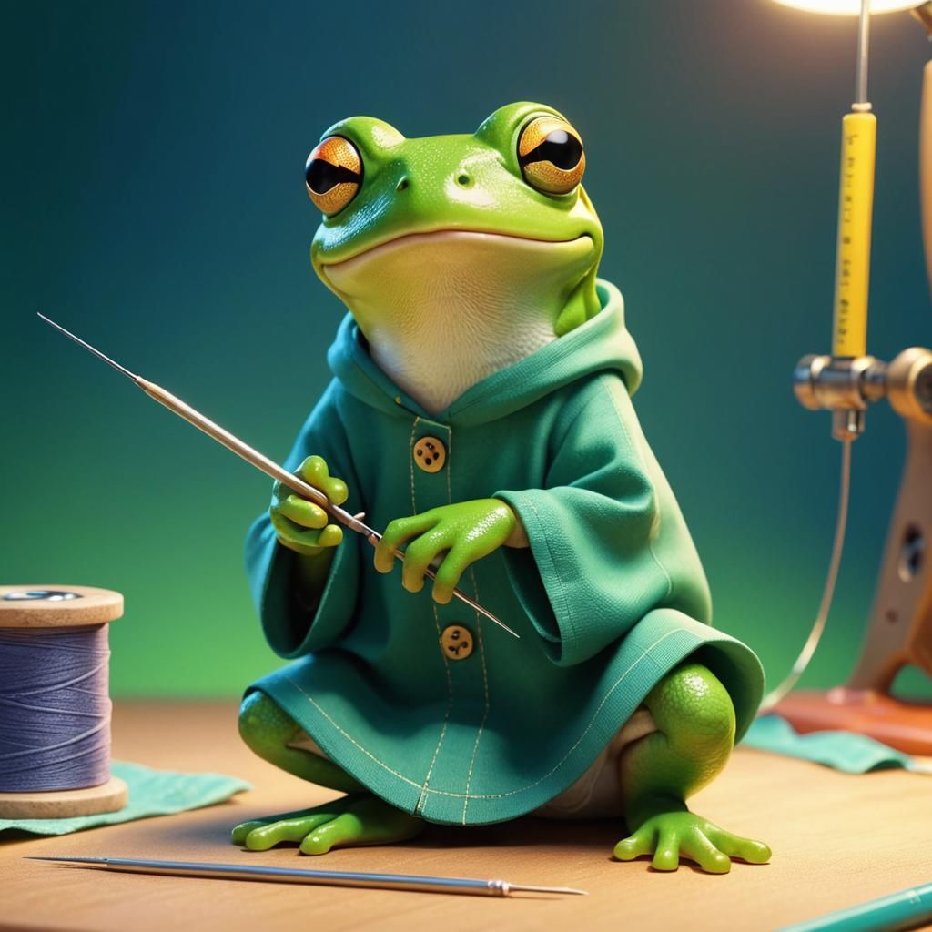 Frog Tailor in Sewing Room: 3D Digital Art