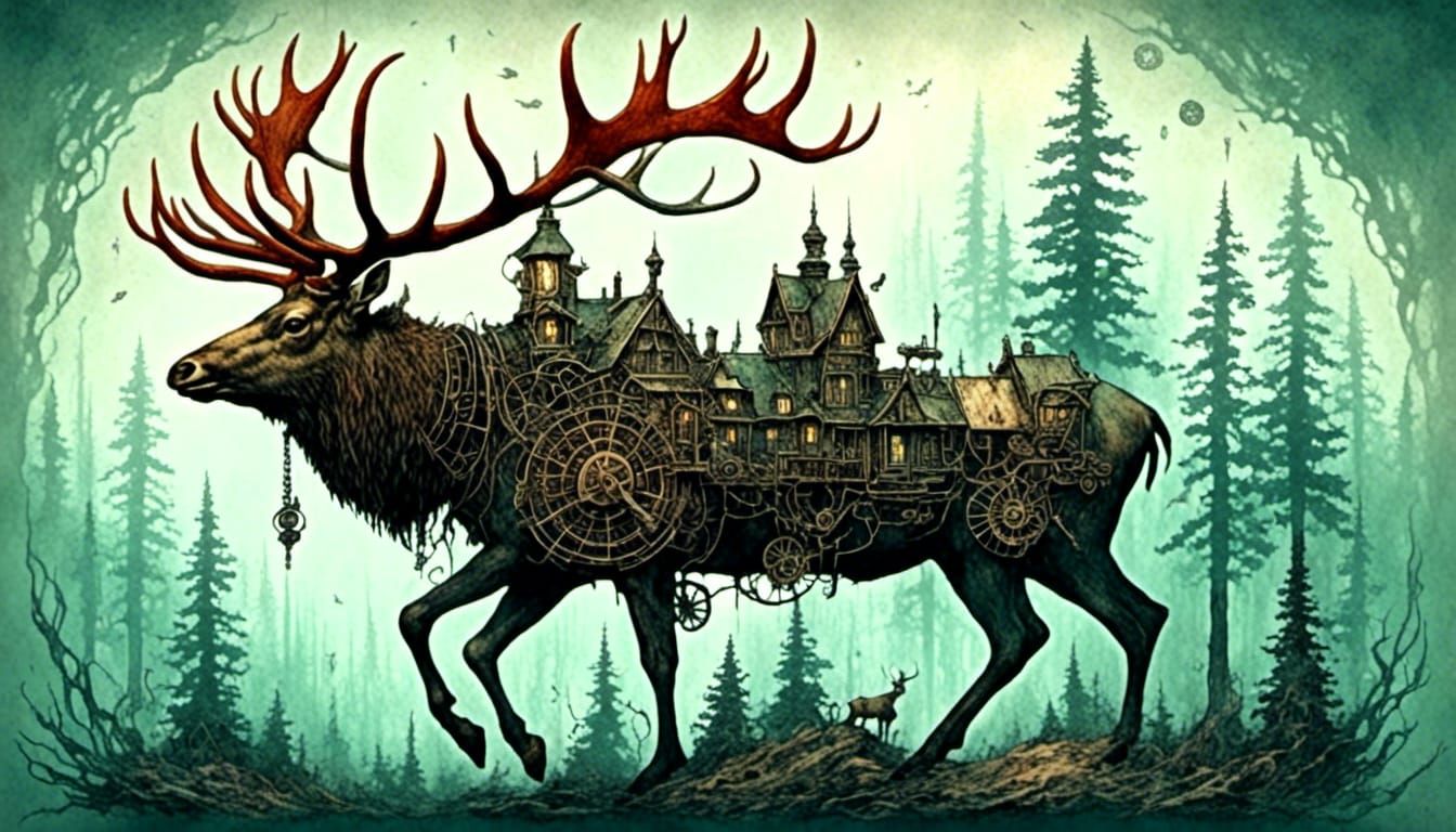 Majestic Elk-Stag Guardian in Frozen Redwood Forest