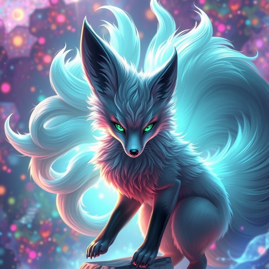 Mystical Nine-Tailed Fox in Vibrant Ethereal Landscape