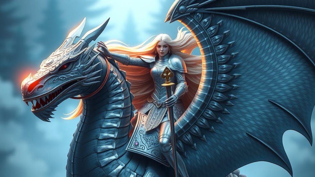 Ethereal Paladin Rides Majestic Western European Dragon