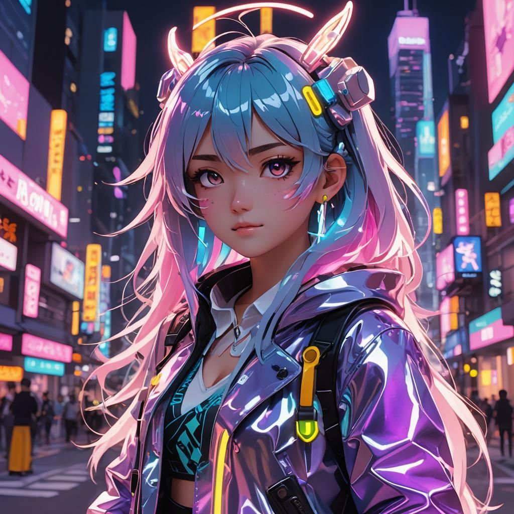 Vibrant 3D Anime Art in Neon Cityscape