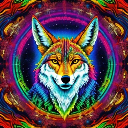 Psychedelic Coyote Roaming a Vibrant Landscape