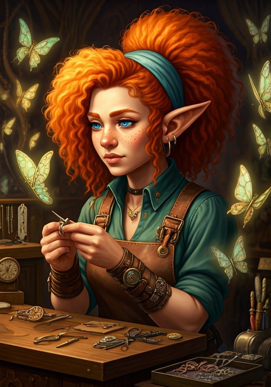 Gnomish Jeweler Surrounded by Clockwork Butterflies