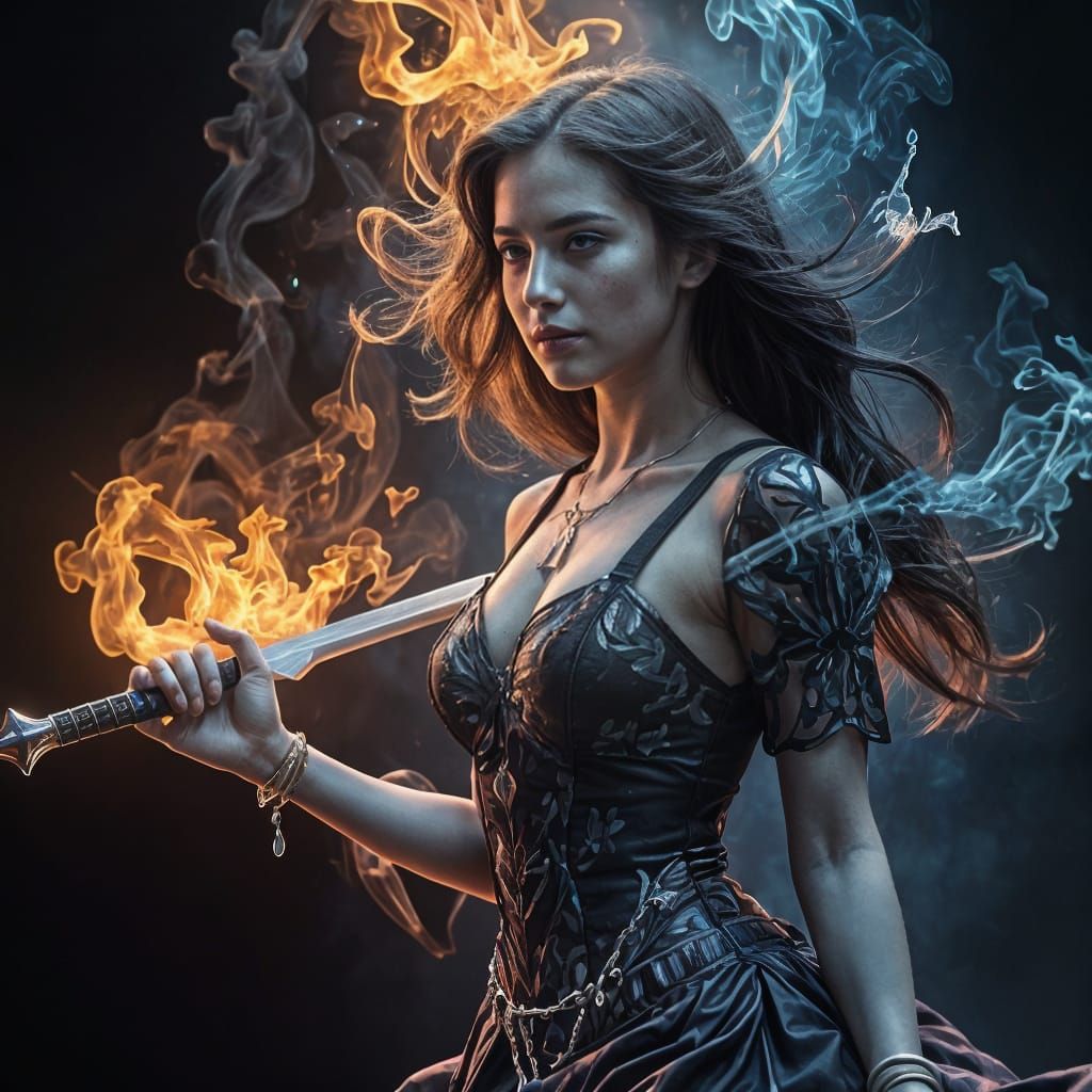 Sensual Warrior Wields Fire and Water Sword in Vibrant Surre...