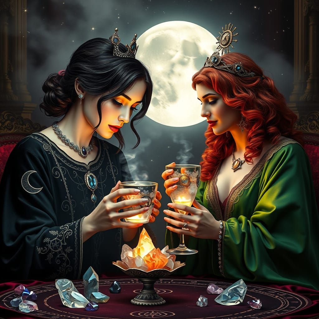 Tarot Priestesses Share Mystical Elixir in Whimsical Velvet...