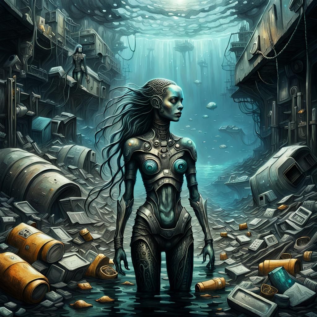 Dystopian Cyborg Mermaid in Polluted Ocean