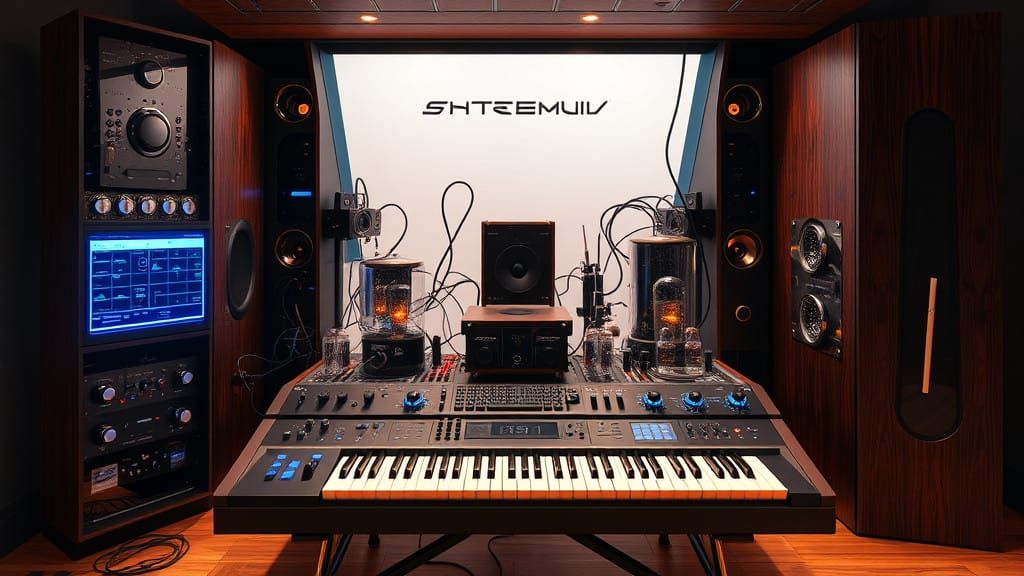 Retro-Futuristic Synth Studio in Photorealistic Style