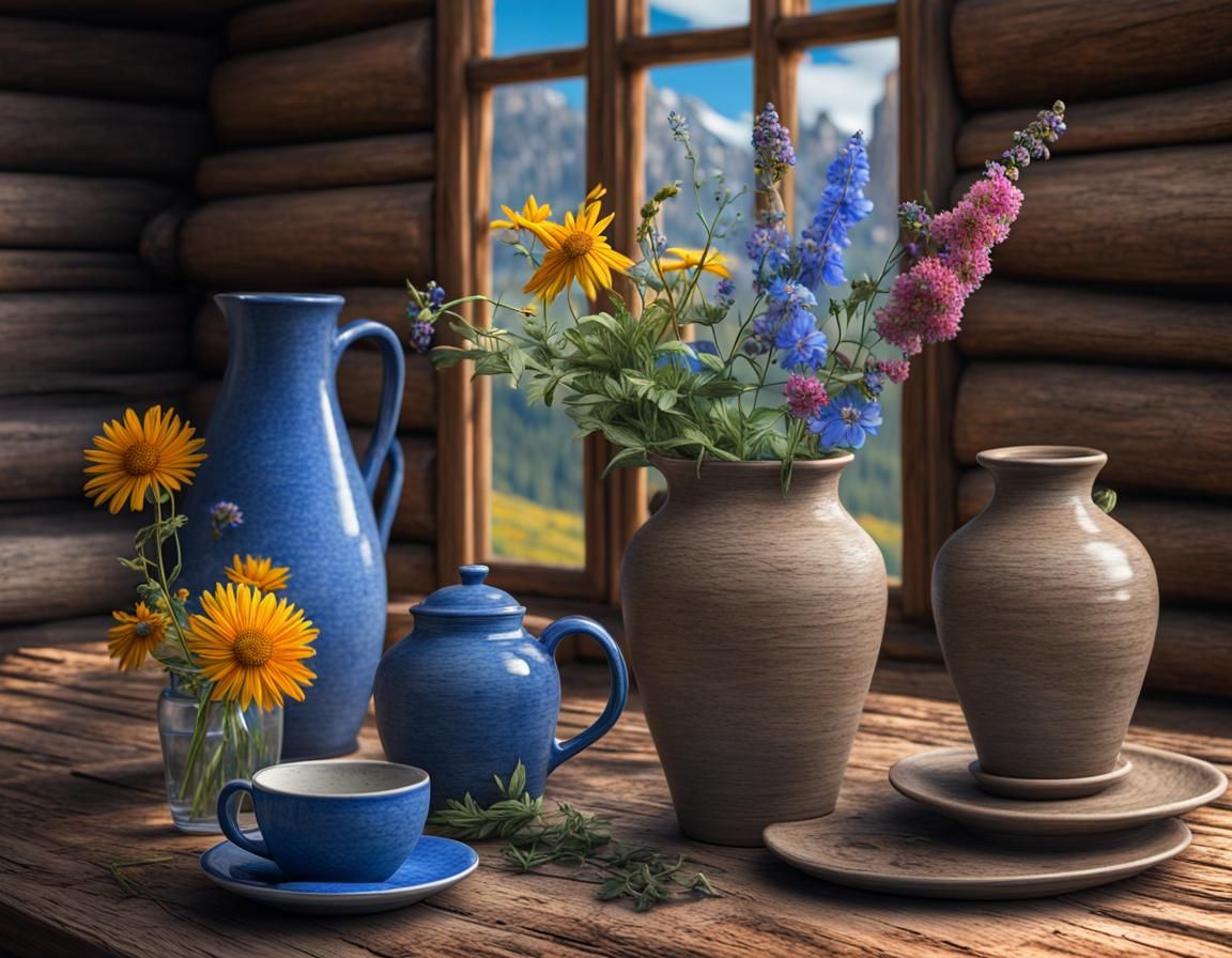Rustic Cabin Still Life with Flowers and Pottery
