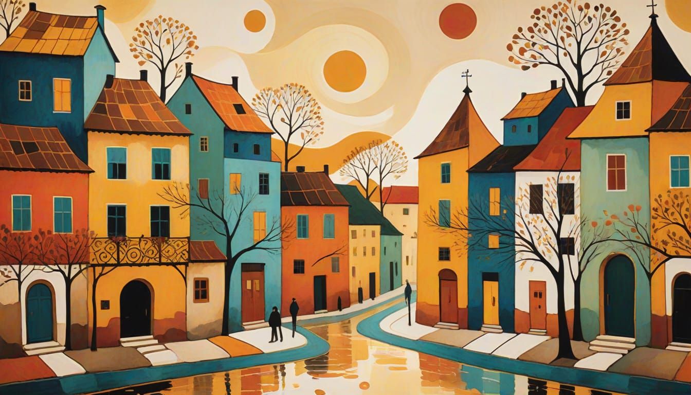 Vibrant Art Nouveau Masterpiece of a 1950s Main Street