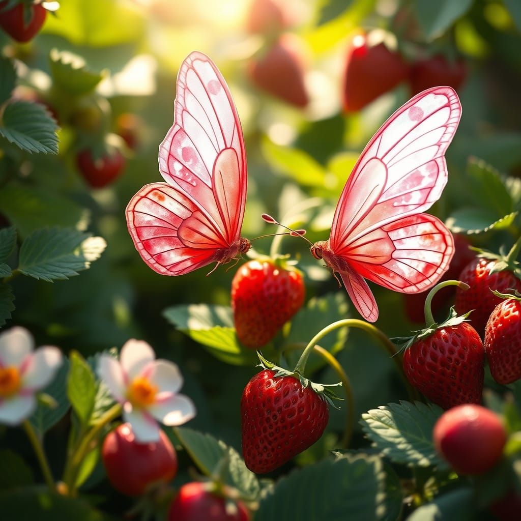 Whimsical Pink Butterflies Amidst Lush Greenery and Ripe Str...