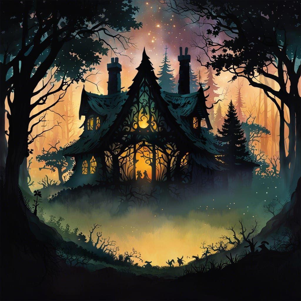 Mysterious Forest Hut at Nightfall, in Kinkade Style