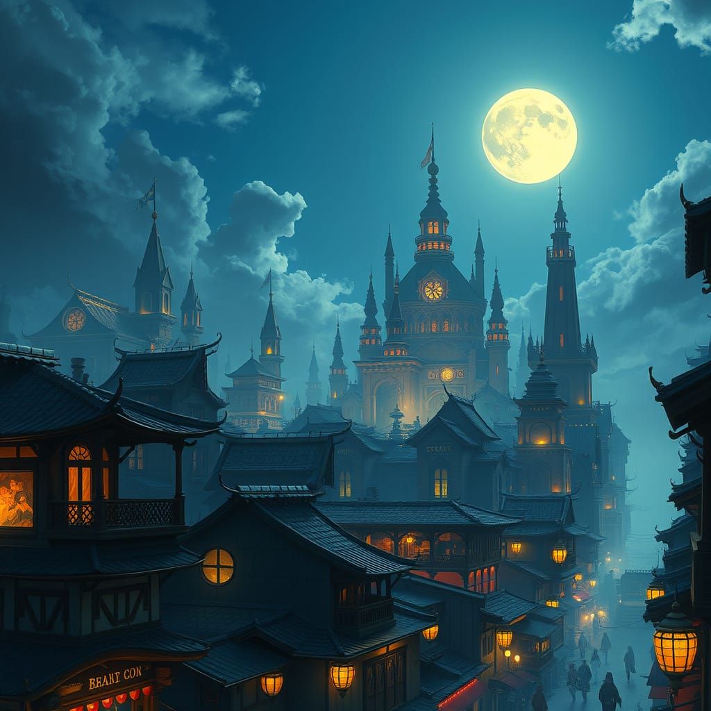 Fantasy City's Merchant Quarter at Night