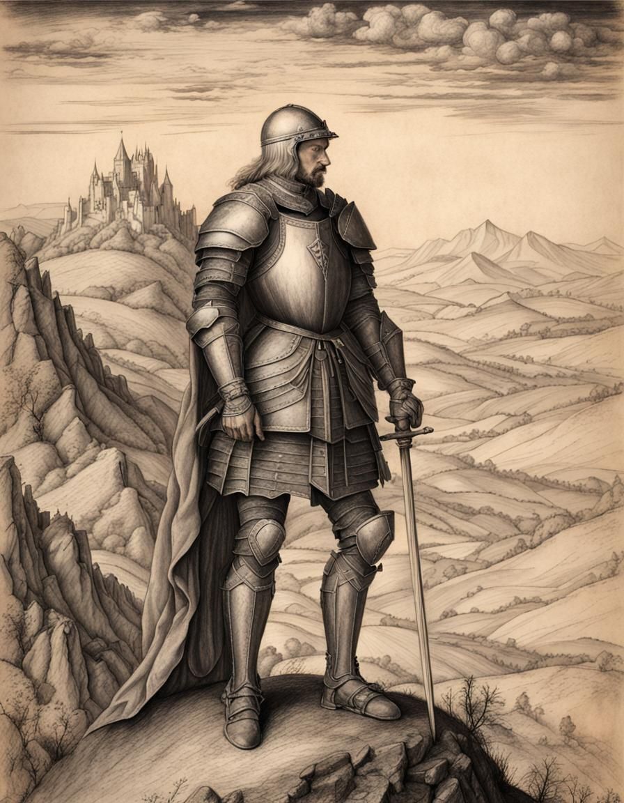Knight in Dark Armor: Charcoal Drawing
