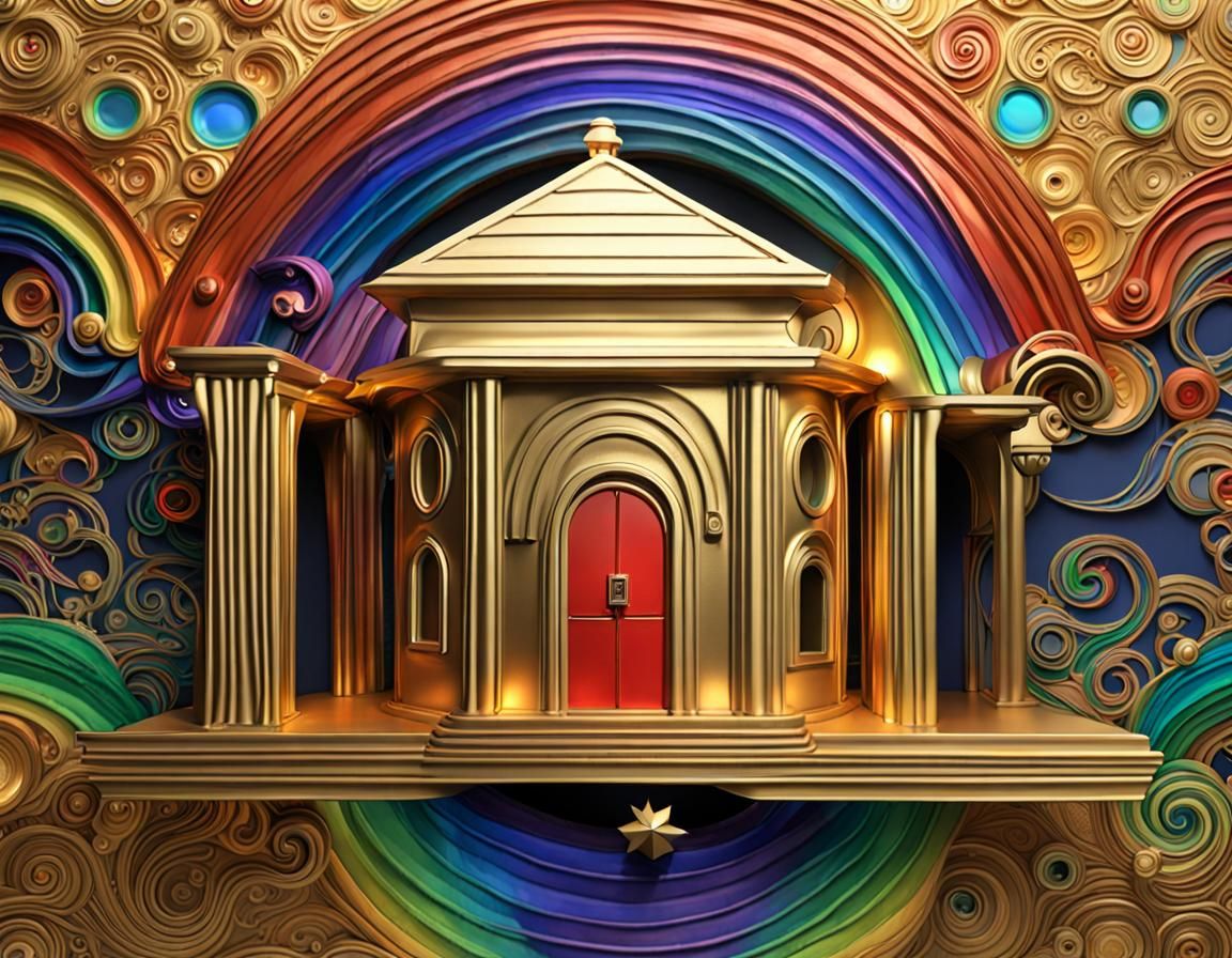 Golden Klimt-Inspired Cottage with Rainbow Details