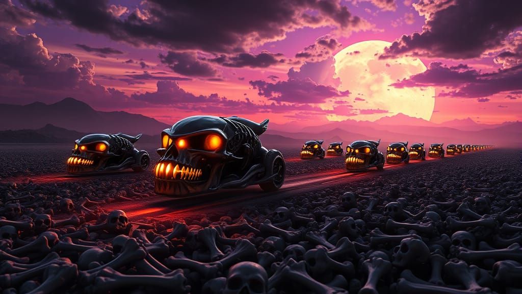 Skull-Shaped Cars Speed Across Surreal Ocean of Bones